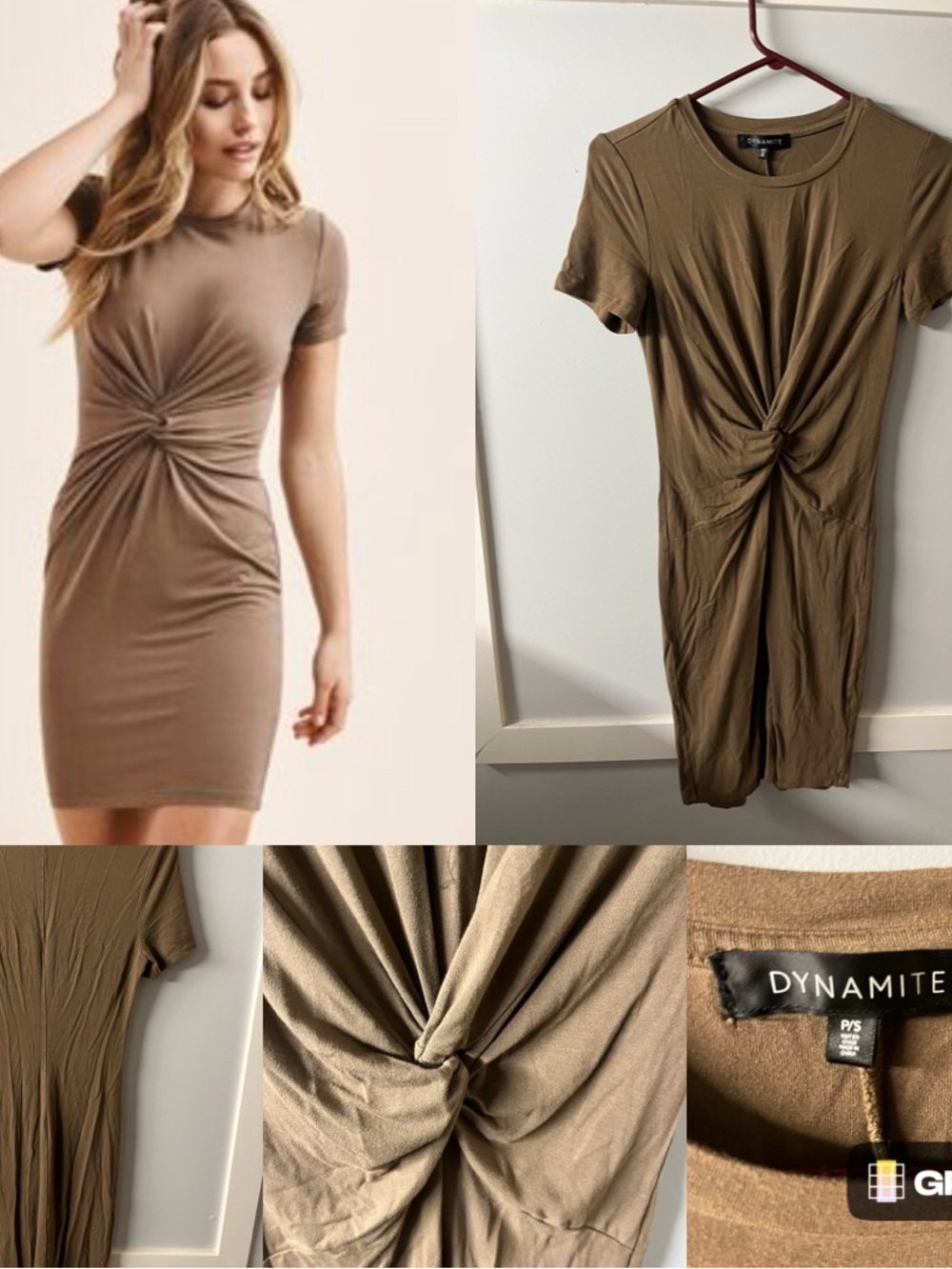 Dynamite Taupe Knot-Front Short Sleeve Mini Dress